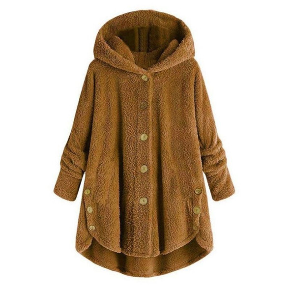 Button Plush Irregular Solid Color Coat (Color:Turmeric Size:XXXXL)