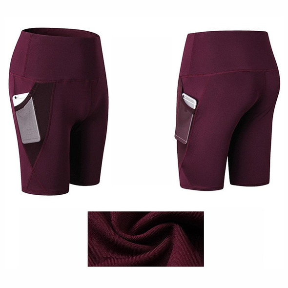 High Waist Mesh Sports Tight Elastic Quick Drying Fitness Shorts With Pocket (Color:Wine Red Size:L)