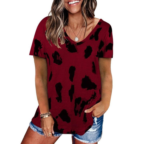 Leopard Texture Print Loose Short Sleeve T-Shirt for Ladies (Color:Wine Red Size:M)