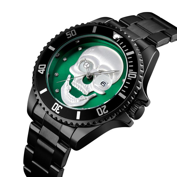 SKMEI 9195 Fashion Water-inlaid Drill Skull Nightlight Waterproof Quartz Watch Steel Strip Watch for Men(Black Green)