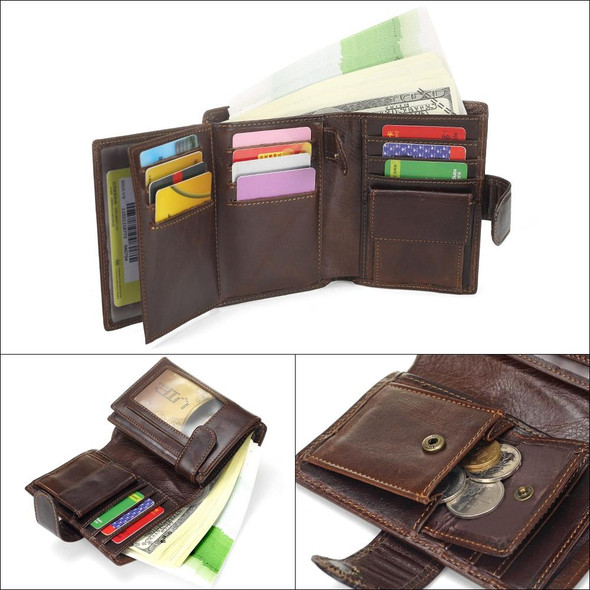 Vintage Men Wallet Genuine Leather Short Wallets Male Multifunctional Cowhide Male Purse Coin Pocket Photo Card Holder(Black)