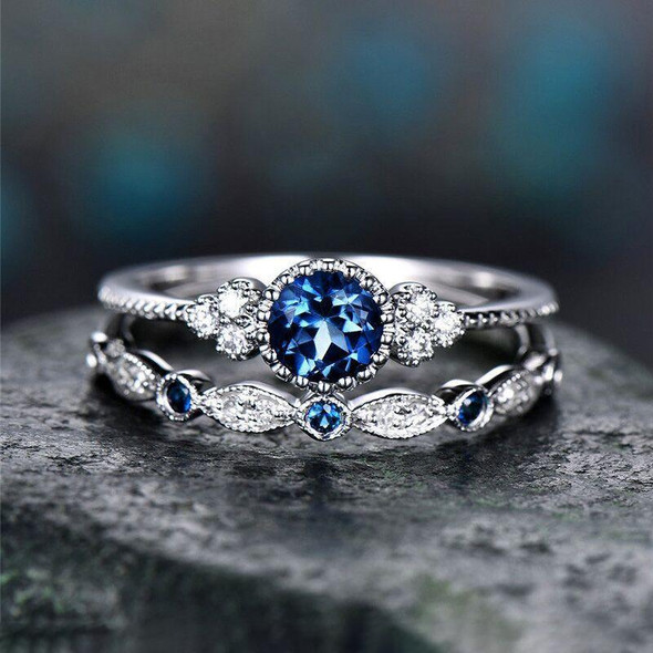 2 PCS/Set Women Fashion Zircon Gemstone Ring 5(Blue)