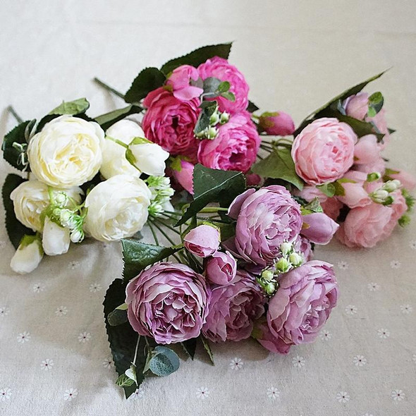 5 PCS Artificial Rose Flowers Small Bouquet Flores Home Party Wedding Fake Flower Decoration(Pink and Magenta)