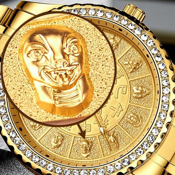 FNGEEN S777 Men Gold-Plated Diamond Zodiac Pattern Quartz Watch(Steel Belt)