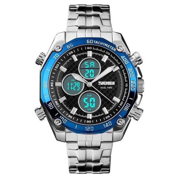 SKMEI 1302 Fashion Men Leisure Wrist Watch Multifunctional Dual-time Sports Digital Watch with Stainless Steel Watchband 30m Waterproof (Blue)