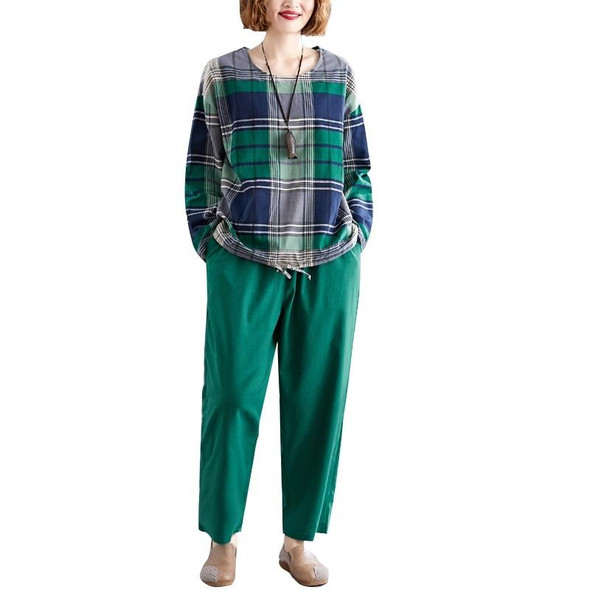 Large Size Womens Two-piece Loose And Thin Radish Pants Western Style Suit (Color:Green Size:L)