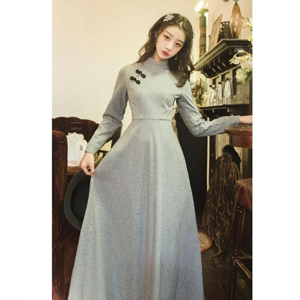Improved Cheongsam Bottoming Dress Retro Republican Style Long Skirt (Color:Grey Size:M)