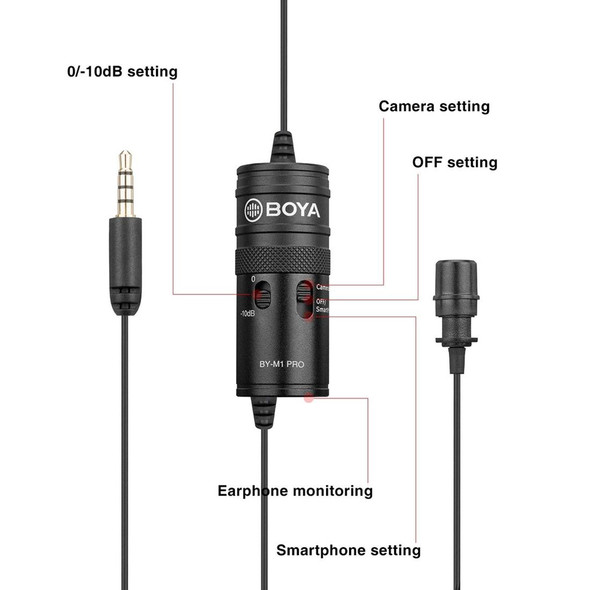 BOYA BY-M1 PRO Universal 3.5mm Plug Omni-directional Lavalier Microphone, Cable Length: 6m (Black)