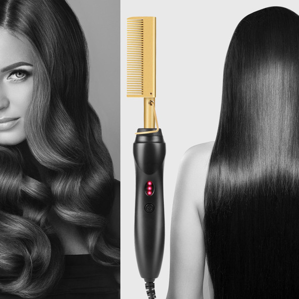 Multifunctional Comb Dry And Wet Dual-Use Curly Hair Straightening Stick Electric Perm Comb EU Plug(Golden)