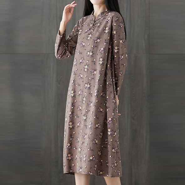 Floral Cotton And Linen Plus Size Retro Mid-length Dress (Color:Coffee Size:XL)