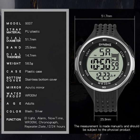 SYNOKE 9007 Men Outdoor Large Dial Shockproof And Drop Resistant Sports Electronic Watch(Black)