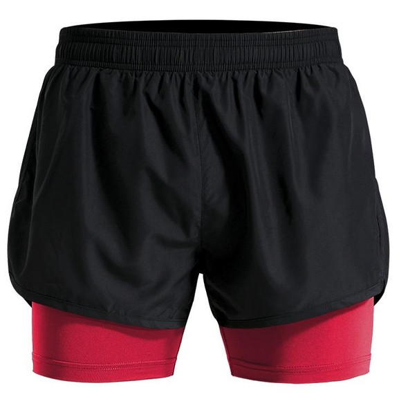 Men Fake Two-piece Sports Stretch Shorts (Color:Black Red Size:M)