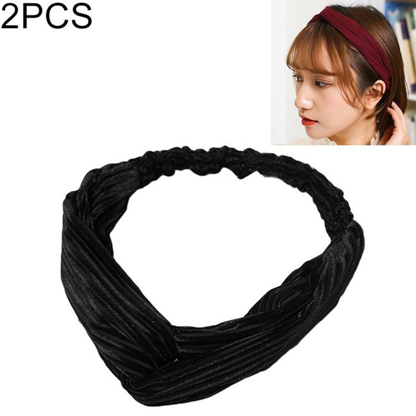 2 PCS Fashion Velvet Wide Cross Knot Headbands Women Elastic Hair Bands(Black)