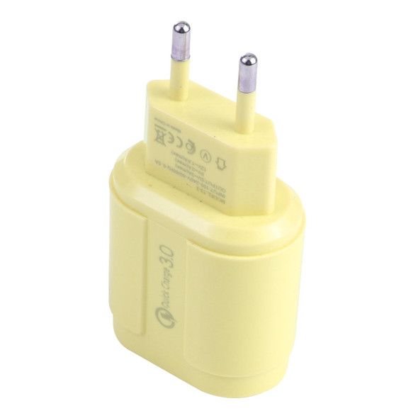 13-222 QC3.0 USB + 2.1A Dual USB Ports Macarons Travel Charger, EU Plug(Yellow)