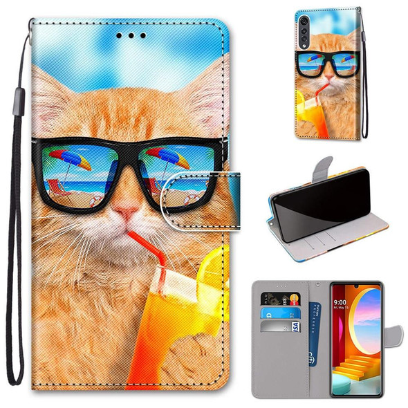 LG Velvet Coloured Drawing Cross Texture Horizontal Flip PU Leather Case with Holder & Card Slots & Wallet & Lanyard(Cat Drinking Soda)