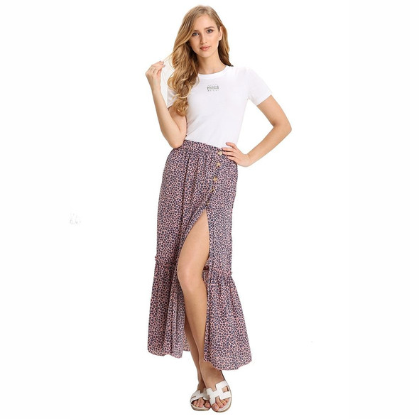 High Waisted Floral Pleat Vintage Split Skirt (Color:Pink Size:L)