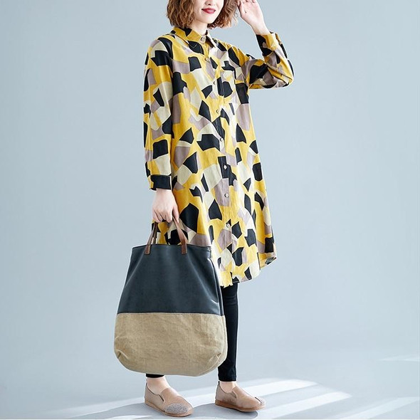 Large Size Loose Looking Thin Western Style Mid-length Cardigan Printed Shirt (Color:Yellow Size:XL)