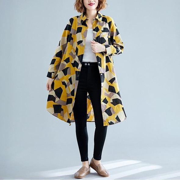 Large Size Loose Looking Thin Western Style Mid-length Cardigan Printed Shirt (Color:Yellow Size:XL)