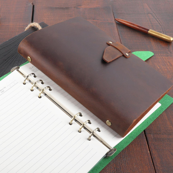 A5 Cowhide Retro Loose-Leaf Notebook Diary Office Business Simple Notepad Crazy Horse Leatherette Handbook(Ink Green)