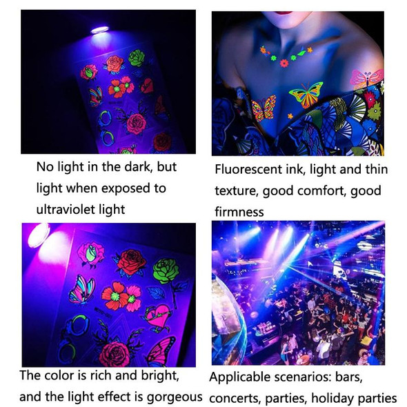 10 PCS Dark Fluorescent Color Changing Animal Luminous Flower Arm Waterproof Adult Tattoo Stickers(BY-003)