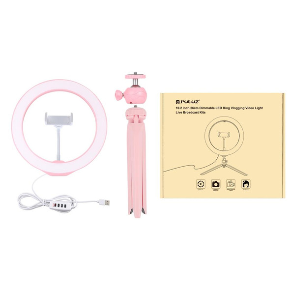 PULUZ 10.2 inch 26cm Selfie Beauty Light + Desktop Tripod Mount USB 3 Modes Dimmable LED Ring Vlogging Selfie Photography Video Lights with Cold Shoe Tripod Ball Head & Phone Clamp(Pink)