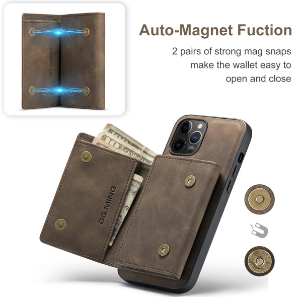 DG.MING M1 Series 3-Fold Multi Card Wallet + Magnetic Back Cover Shockproof Case with Holder Function - iPhone 12 Pro Max(Coffee)