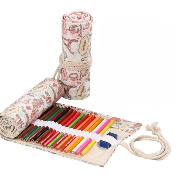 2 PCS 12 Holes Tower Canvas Handmade Pen Curtain Roll Pen Bag  Sketch Color Pencil Bag