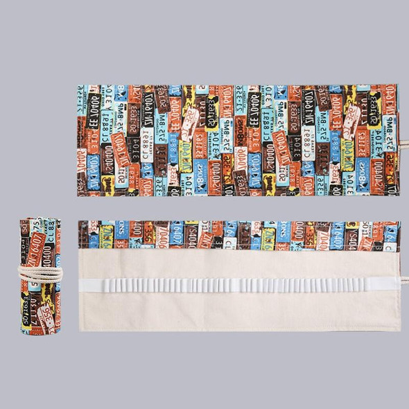 2 PCS 48 Holes Handmade Canvas Pen Curtain Large-Capacity Pencil Case - Boys And Girls Color Pencil Sketch Stationery Box(License Plate)