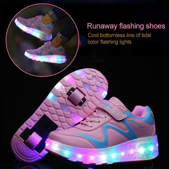 786 LED Light Ultra Light Rechargeable Double Wheel Roller Skating Shoes Sport Shoes, Size : 31(Pink)