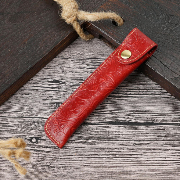 Pen Bag Personality Retro Pure Handmade First Layer Leather Pen Case Protective Cover(Carved Skin Red)