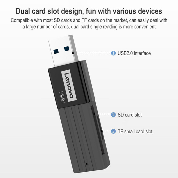 Original Lenovo D231 2 in 1 5Gbps USB 3.0 Card Reader (Black)