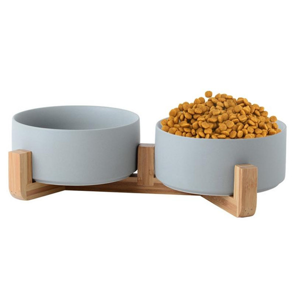 13cm/400ml Cat Bowl Dog Pot Pet Ceramic Bowl, Style:Double Bowl With Wooden Stand(Gray)