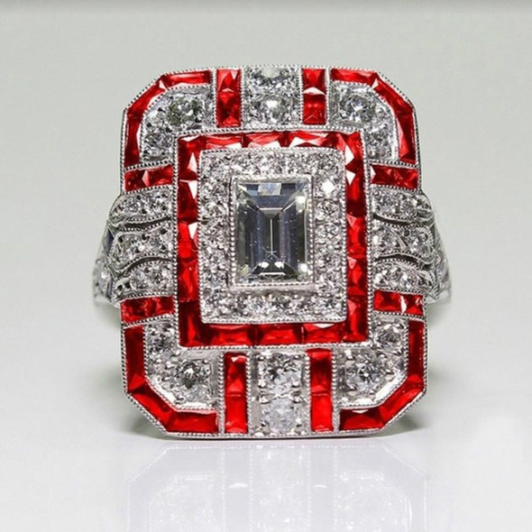 Luxury Square Women Crystal Zircon Engagement Ring, Ring Size:9(Red)