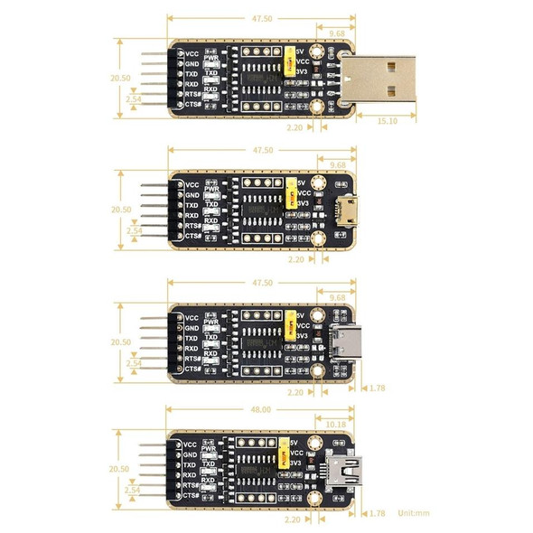 Waveshare USB-A  to UART High Band Rate Transmission Module Connectors