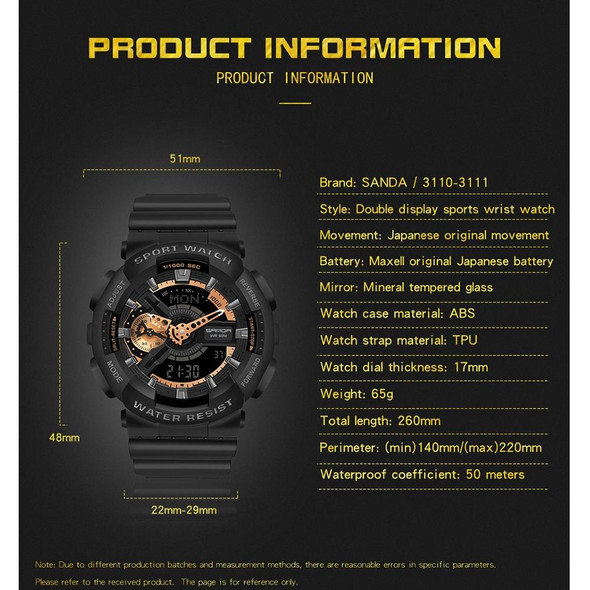 SANDA World Time Luminous Calendar Multifunctional Men Sports Quartz Watch(3110 Black Gold)