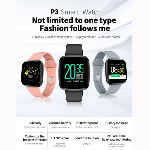 P3 1.3 inch IPS Color Screen IP68 Waterproof Smart Watch Wristband,Support Message Reminder / Heart Rate Monitor / Blood Oxygen Monitoring / Blood Pressure Monitoring/ Sleeping Monitoring (Grey)