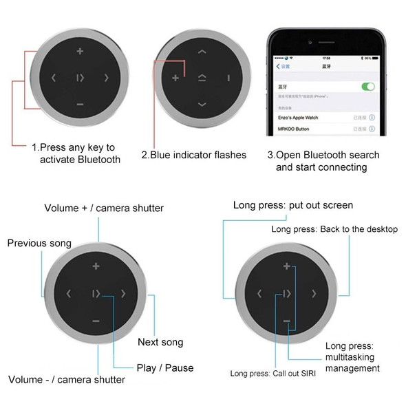 Car Wireless Bluetooth Controller Mobile Phone Multimedia Multi-functional Steering Wheel Remote Controller with Holder (Silver)