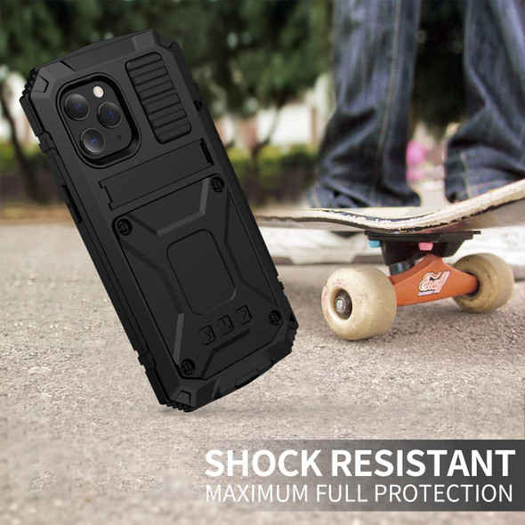 R-JUST Shockproof Waterproof Dust-proof Metal + Silicone Protective Case with Holder - iPhone 12 / 12 Pro(Black)