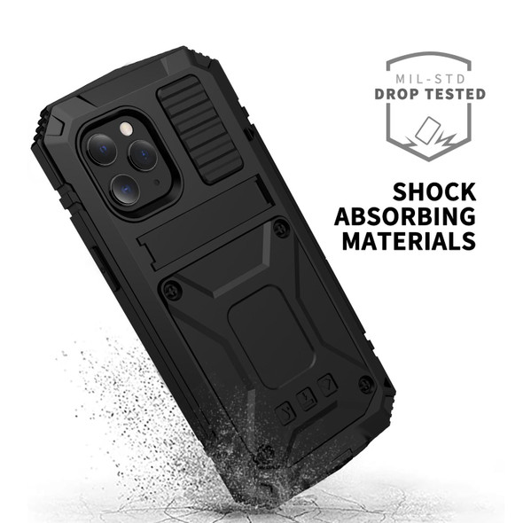 R-JUST Shockproof Waterproof Dust-proof Metal + Silicone Protective Case with Holder - iPhone 12 / 12 Pro(Black)