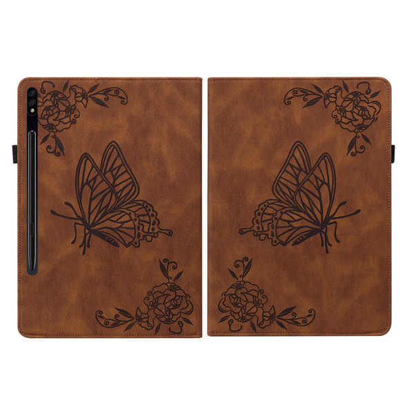 Samsung Galaxy Tab S7 11 inch T870/SM-T875 Butterfly Flower Embossed Leather Tablet Case(Brown)