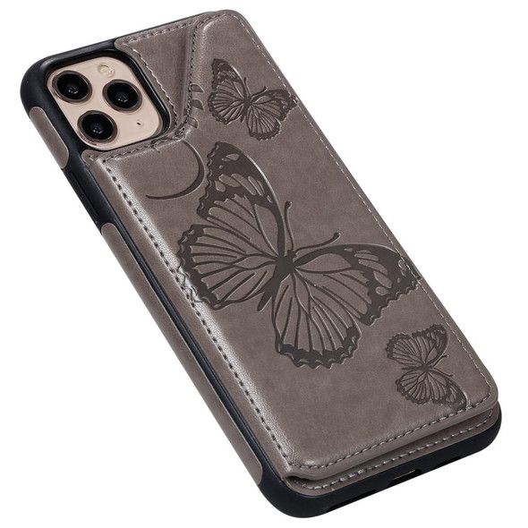 iPhone 11 Pro Max Butterfly Embossing Pattern Shockproof Protective Case with Holder & Card Slots & Photo Frame(Gray)