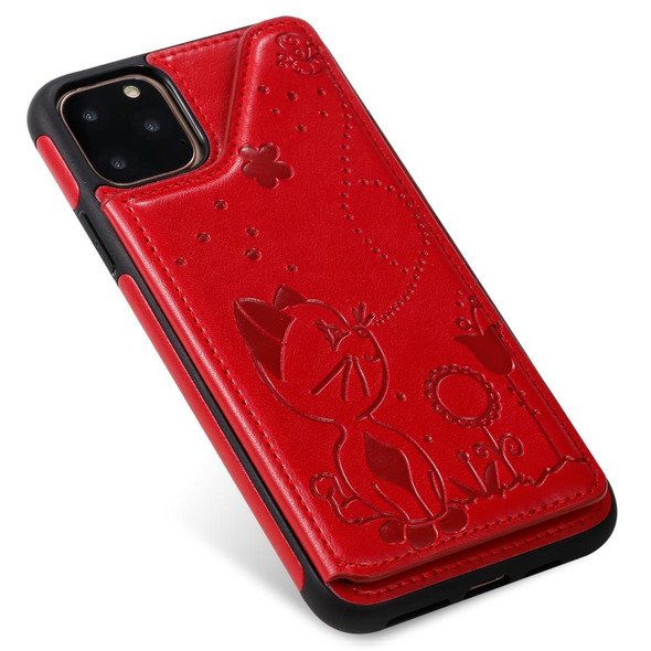 iPhone 11 Pro Max Cat Bee Embossing Pattern Shockproof Protective Case with Card Slots & Photo Frame(Red)