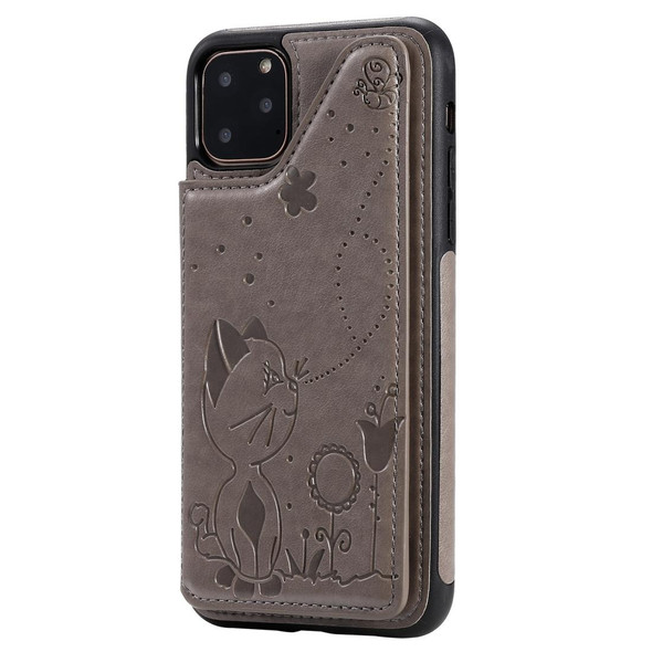 iPhone 11 Pro Max Cat Bee Embossing Pattern Shockproof Protective Case with Card Slots & Photo Frame(Grey)