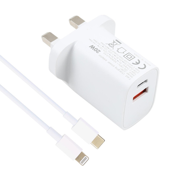 E087 20W USB-C / Type-C + USB Ports Charger with 100W Type-C to 8 Pin Fast Charging Cable 2m, UK Plug