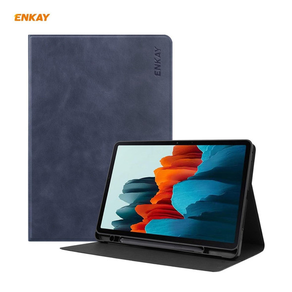 ENKAY ENK-8026 Cow Texture PU Leatherette + TPU Smart Case with Pen Slot for Samsung Galaxy Tab S8 / Galaxy Tab S7 11.0 T870 / T875(Dark Blue)