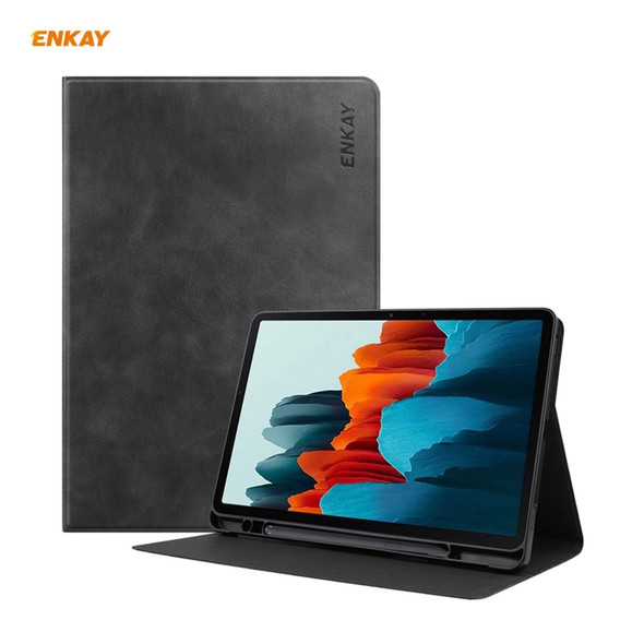 ENKAY ENK-8026 Cow Texture PU Leatherette + TPU Smart Case with Pen Slot for Samsung Galaxy Tab S8 / Galaxy Tab S7 11.0 T870 / T875(Black)