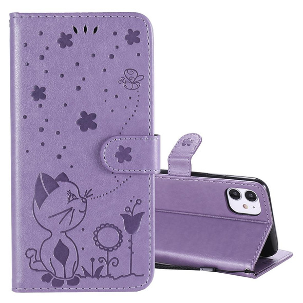 iPhone 11 Cat Bee Embossing Pattern Shockproof Horizontal Flip Leather Case with Holder & Card Slots & Wallet(Purple)