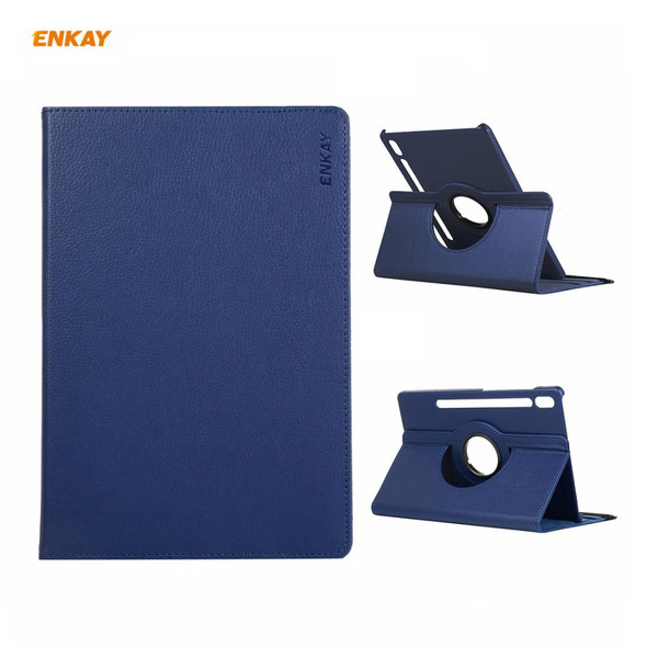 ENKAY for Samsung Galaxy Tab S8 / Galaxy Tab S7 11.0 T870 / T875 ENK-8012 360 Degree Rotation Litchi Texture Horizontal Flip PU Leatherette Smart Case with Holder & Sleep / Wake-up(Dark Blue)