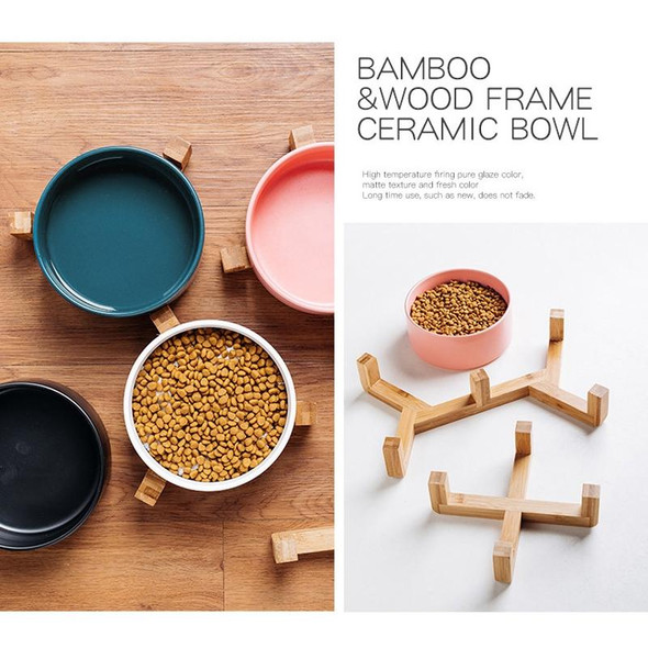 15.5cm/850ml Cat Bowl Dog Pot Pet Ceramic Bowl, Style:Double Bowl With Wooden Stand(Green)