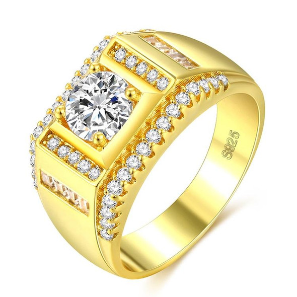 Fashion New Style Gold Plated + AAA Zircon Inlaid Rhinestone Men Diamond Ring, Size: 9, Diameter: 18.9mm, Perimeter: 59.5mm
